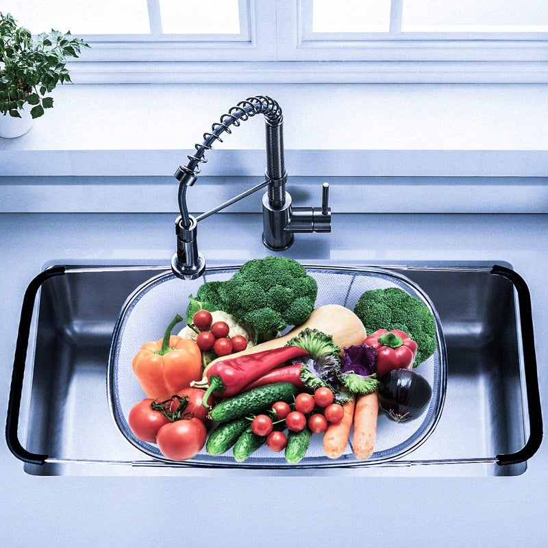 i Kito Over the Sink Colander with Expandable Rubber Grip Handles - Fine Mesh Oval Strainer in Stainless Steel -Drain, Rinse Fruits and Vegetables - Image 2